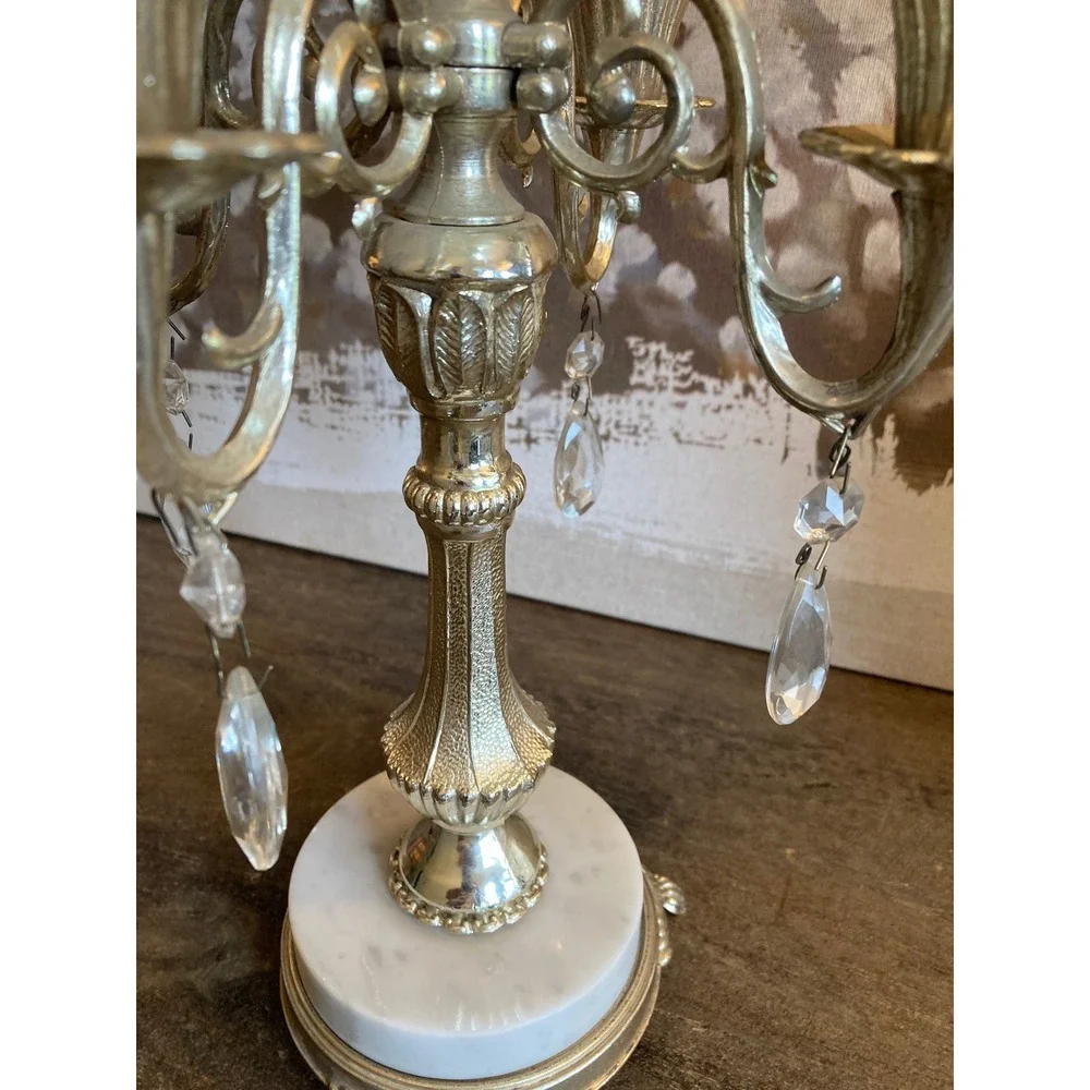 Vintage Ornate 5 Light Candelabra White Marble Base Crystal Prism Champagne Gold